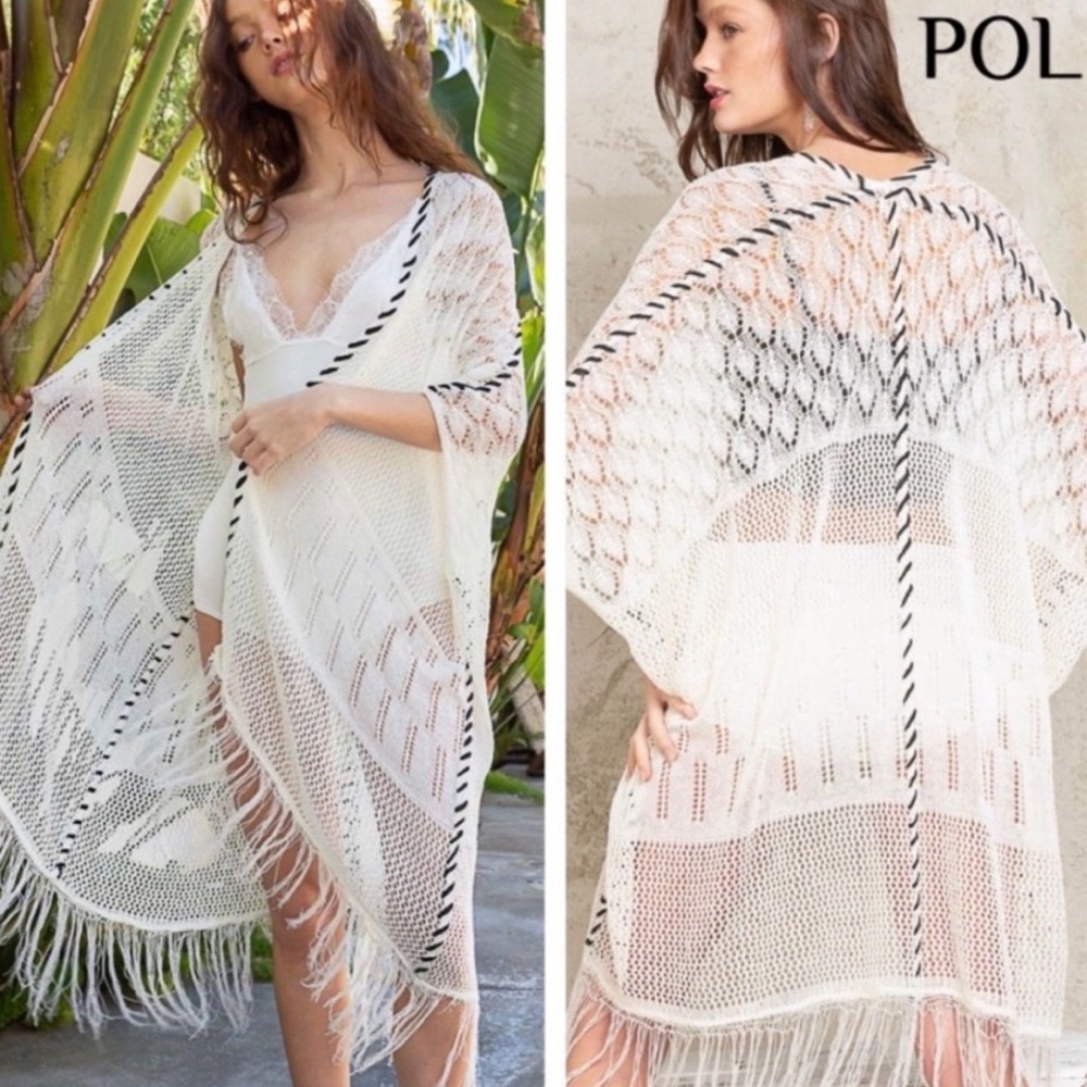 NEW POL White Open Weave Fringe Trim Cardigan Sweater